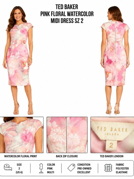 Ted Baker London Dresses & Skirts - TED BAKER PINK FLORAL WATERCOLOR MIDI DRESS SZ 2 / US 6